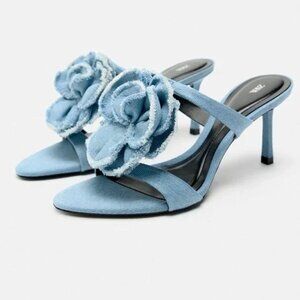 Zara Woman Floral Heeled High Heel Denim Sandals